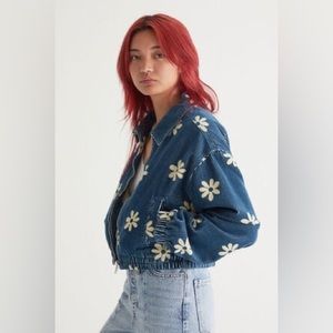 Corduroy Floral Print 70s Inspired Bomber Jacket
